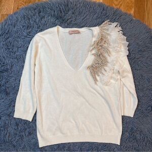 Twin-Set Off-White V-Neck Sweater with Shoulder Embellishment Wool Cashmere M